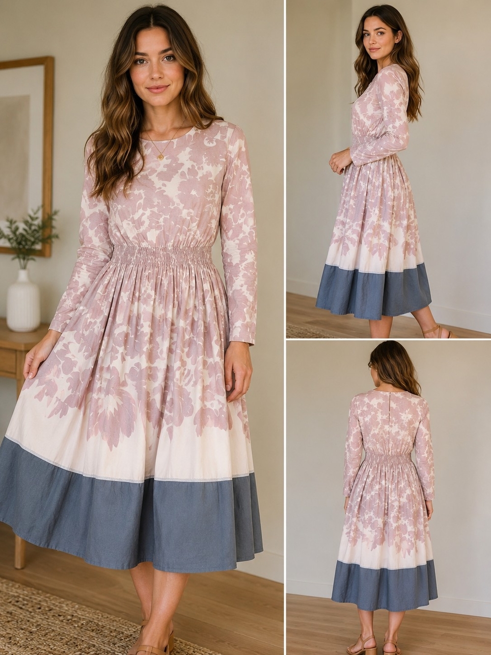 Unique Long-Sleeve Floral Midi Dress in Blush Pink and Slate
